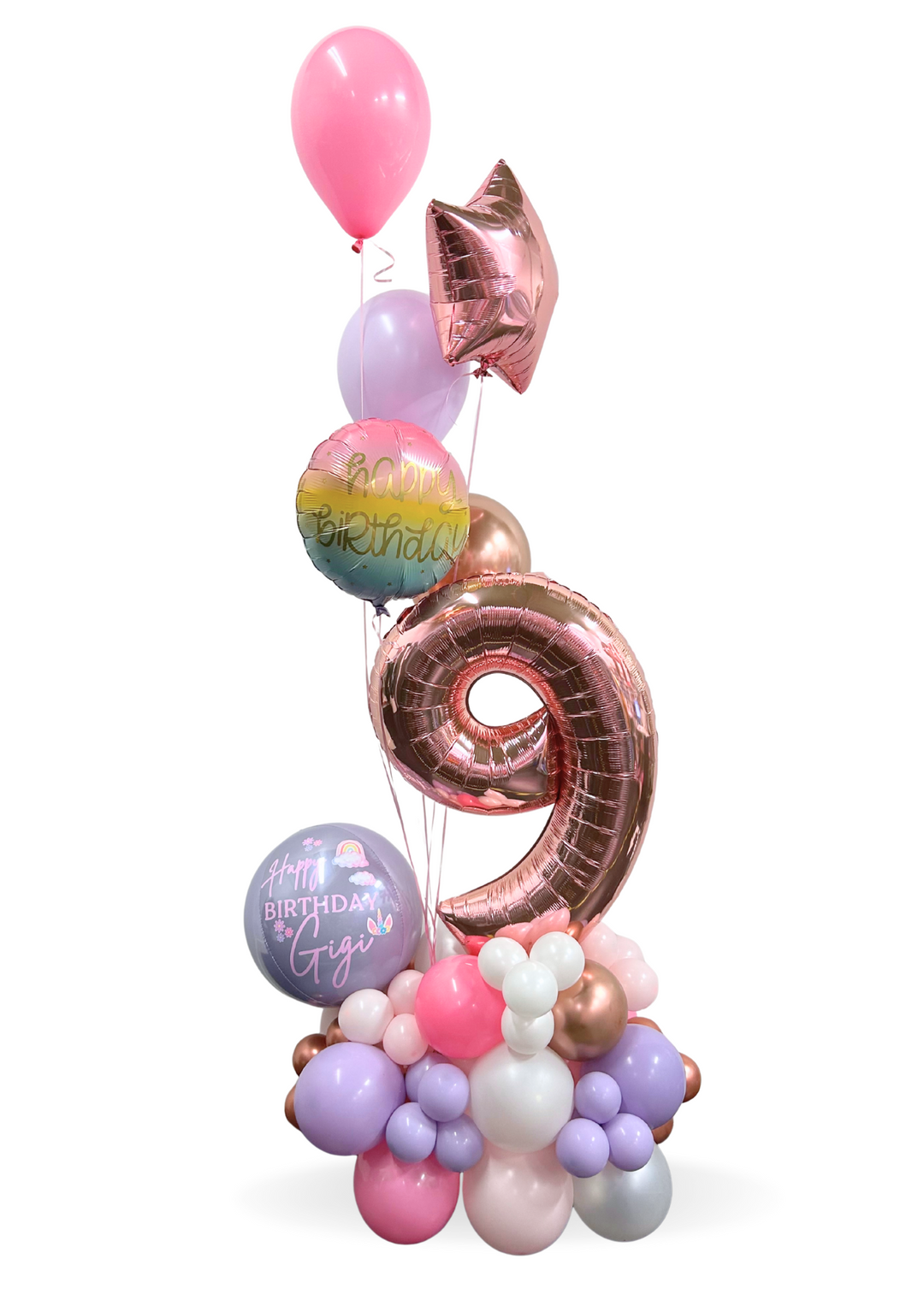 Happy Birthday balloon stand with Custom Number and Helium balloon bouquet