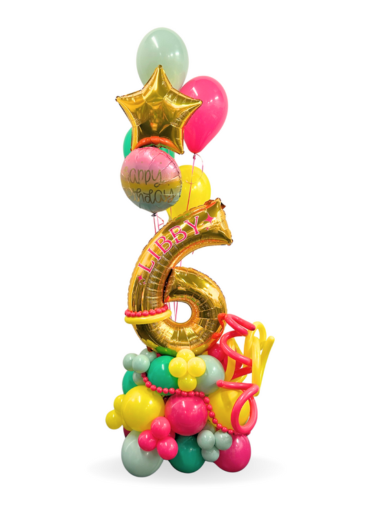 Happy Birthday balloon stand with Custom Number and Helium balloon bouquet