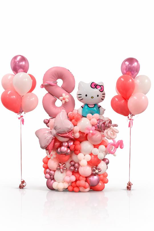 Balloon arrangement with a Hello Kitty figure and pink, red, and white balloons on a white background