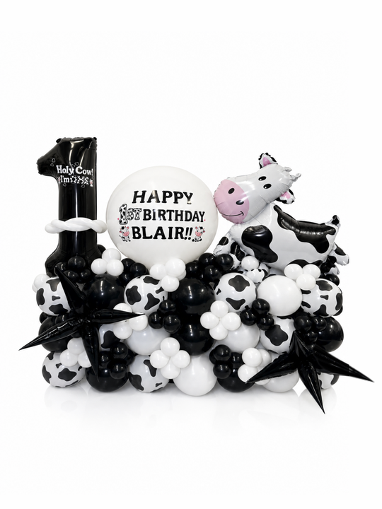 Holy Cow Birthday Balloon stand with number and custom message