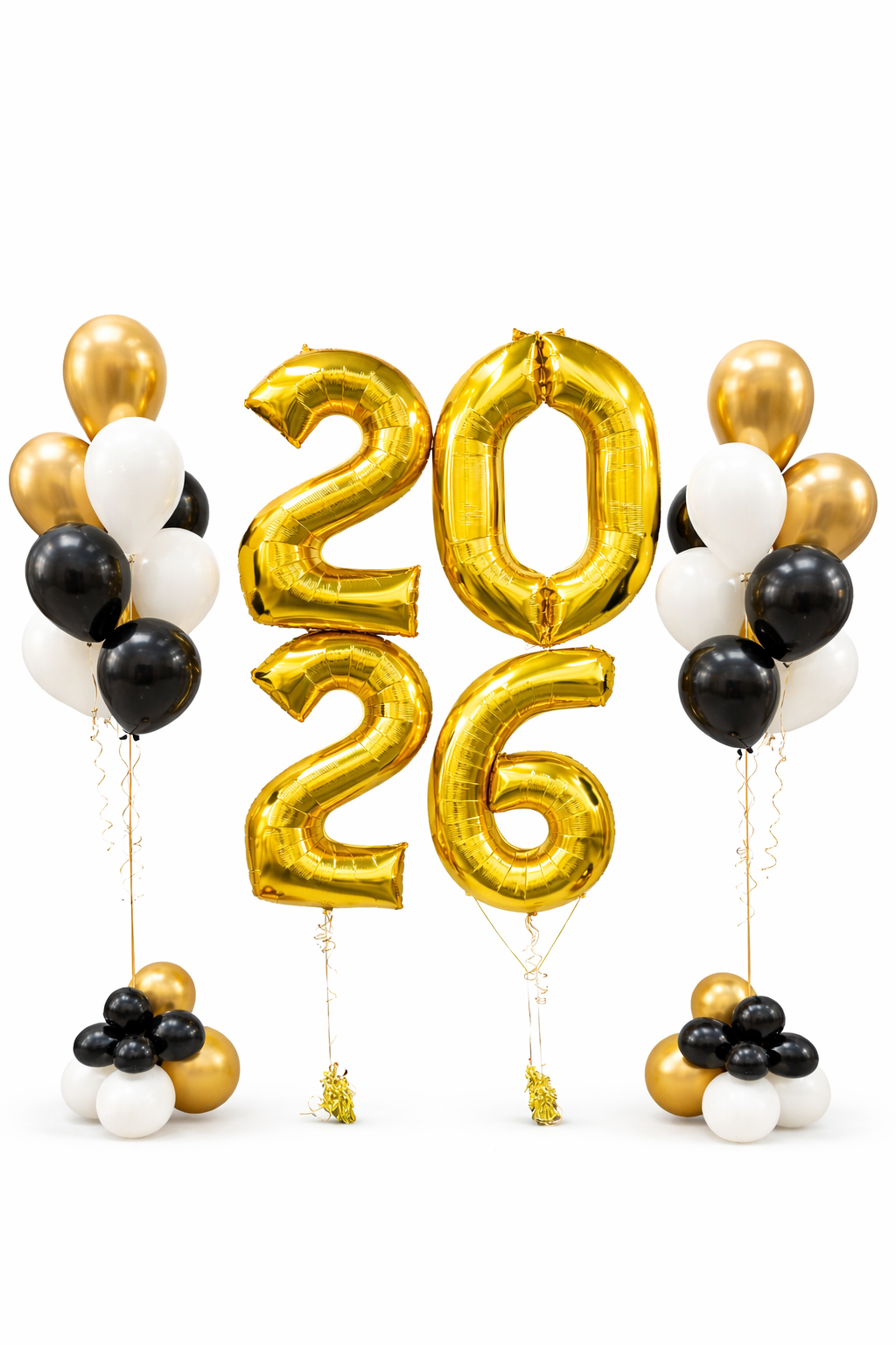 Gold foil balloons with numbers '2026' on a white background