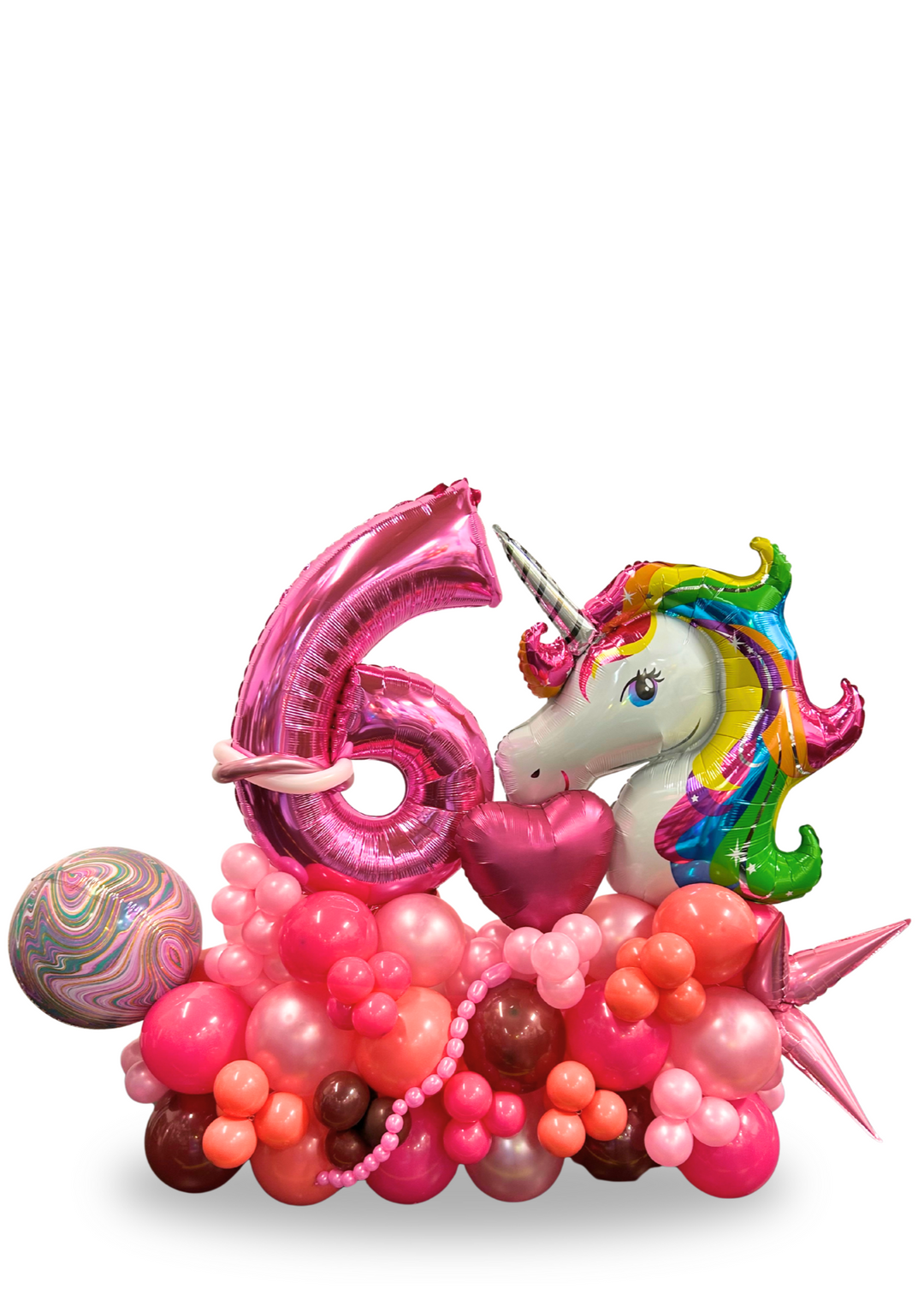 Super Unicorn Number and Orbz balloon cluster stand with 2 Helium bouquets