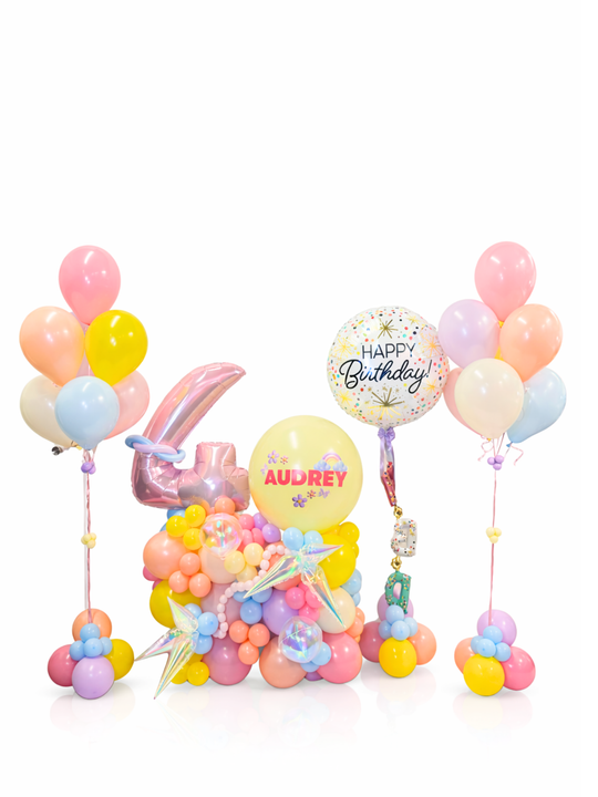 Number balloon stand with custom message 2 bouquets and Happy Birthday Balloon
