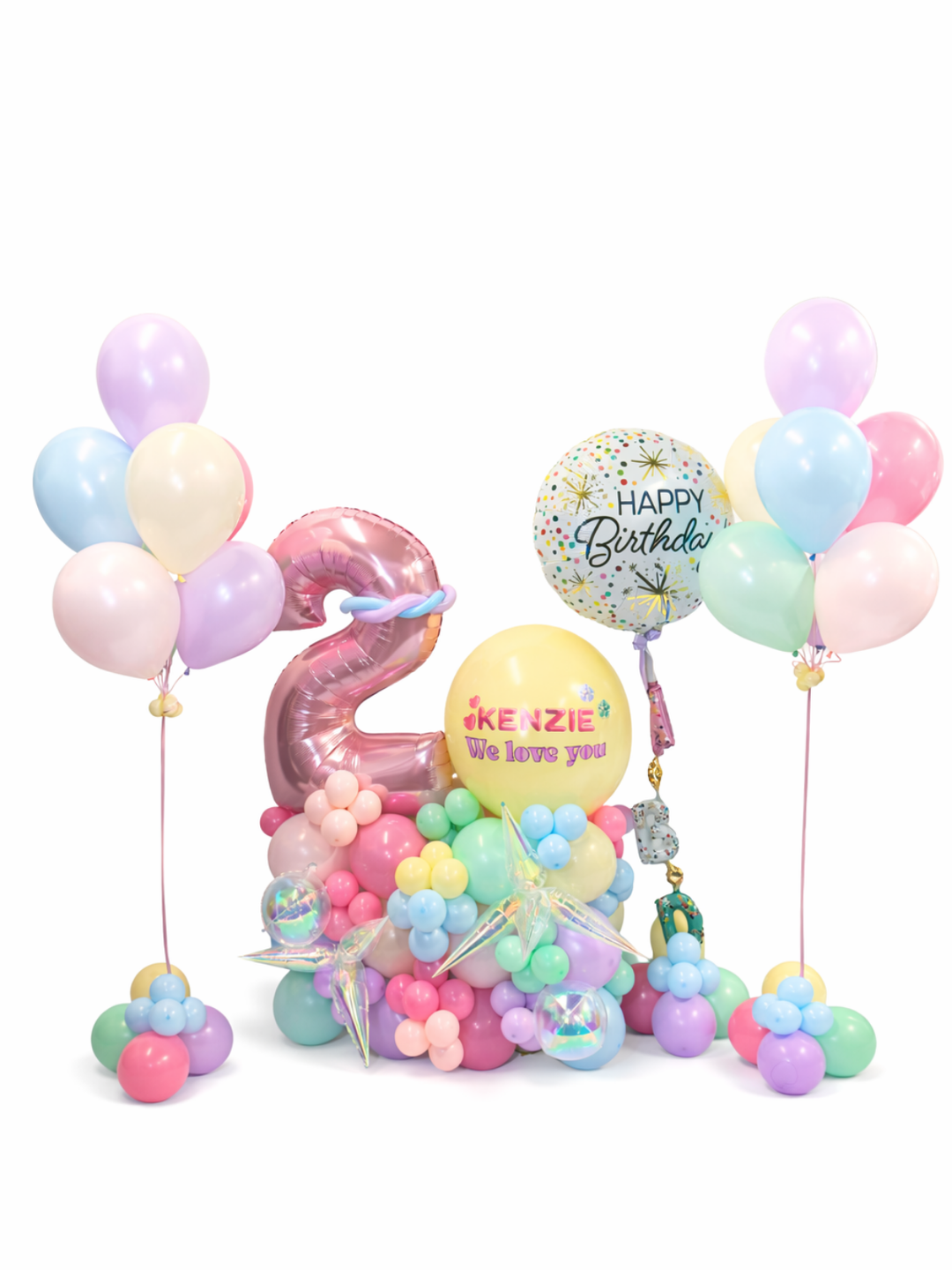 Number balloon stand with custom message 2 bouquets and Happy Birthday Balloon