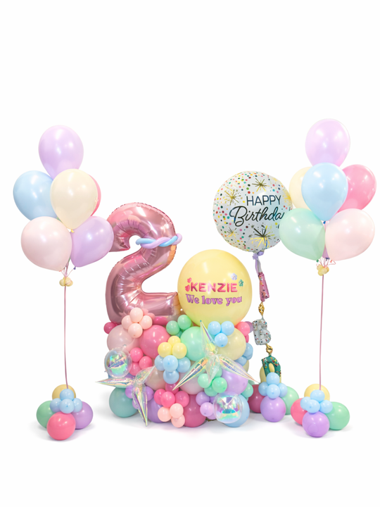 Number balloon stand with custom message 2 bouquets and Happy Birthday Balloon
