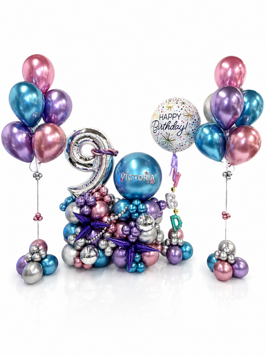 Number_balloon_stand_with_custom_message_2_bouquets_and_Happy_Birthday_Balloon