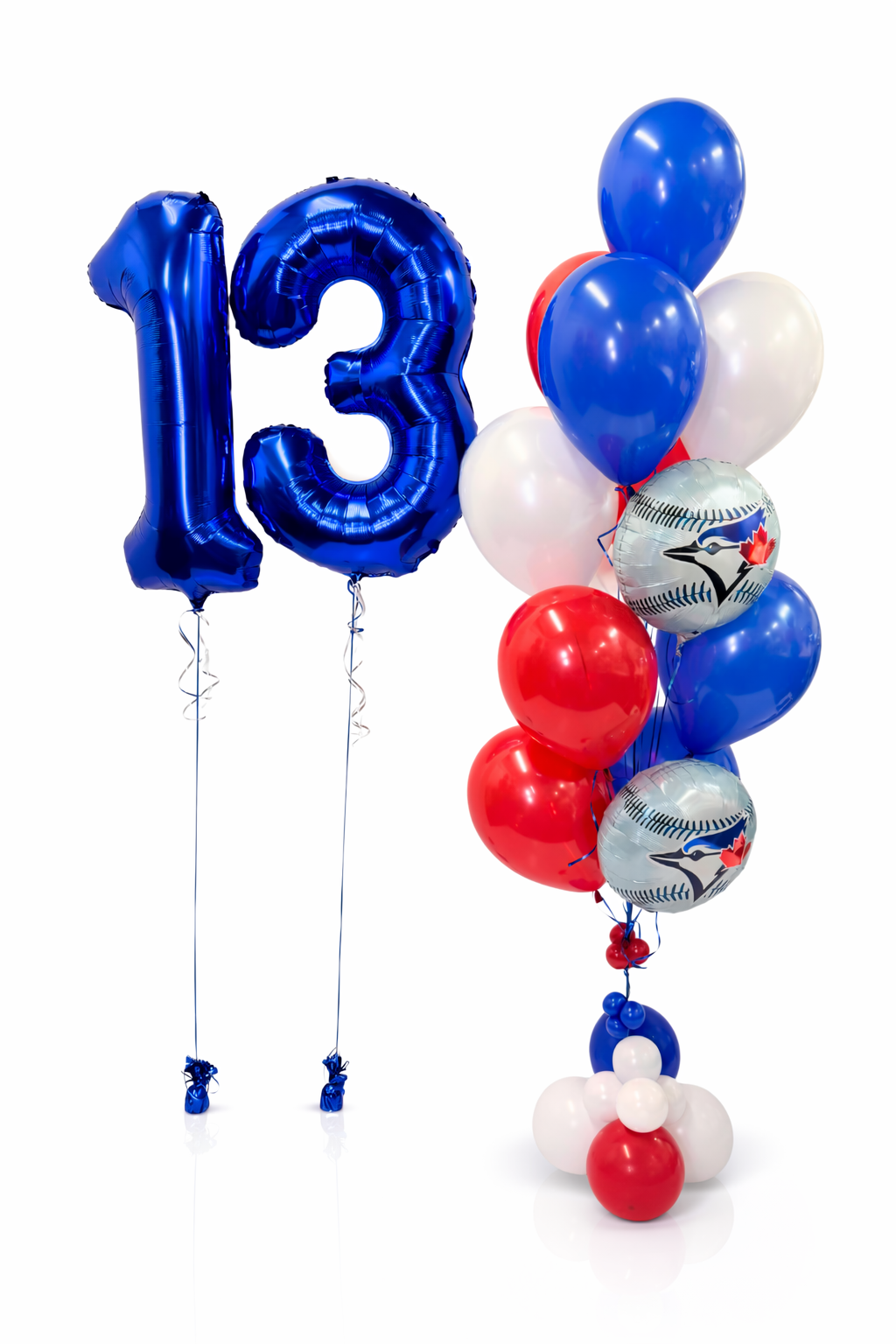 Balloon bouquet with number 13 and sports-themed balloons on a white background