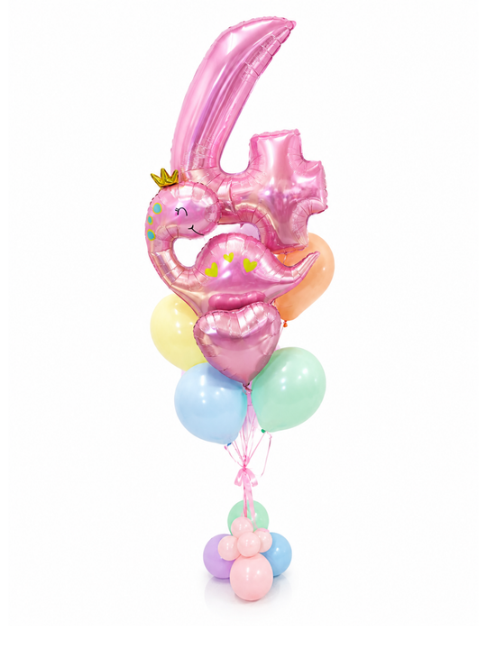 Pink Dinosaur balloon package with heart accent and number