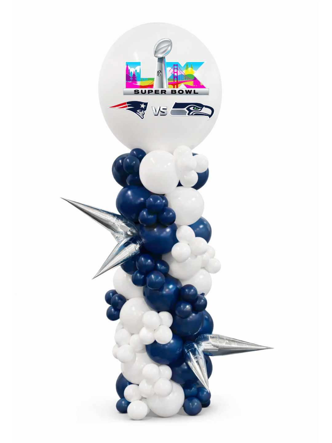 Balloon sculpture with Super Bowl LIX logo and team logos on a white background