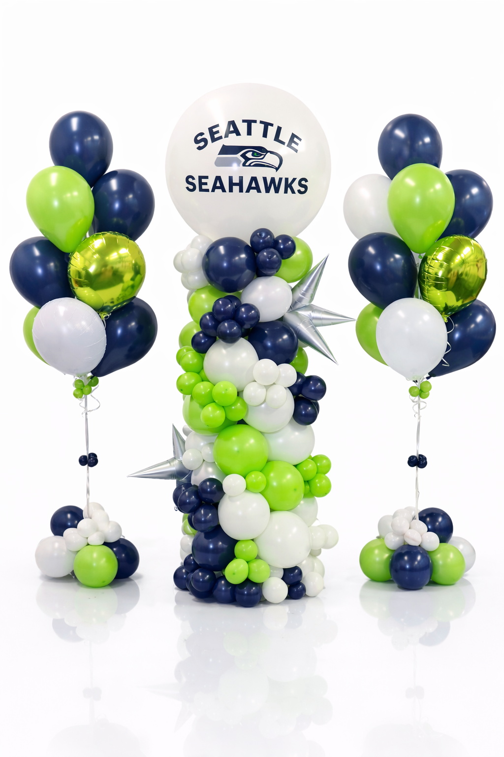 Balloon arrangement with Seattle Seahawks logo on a white background