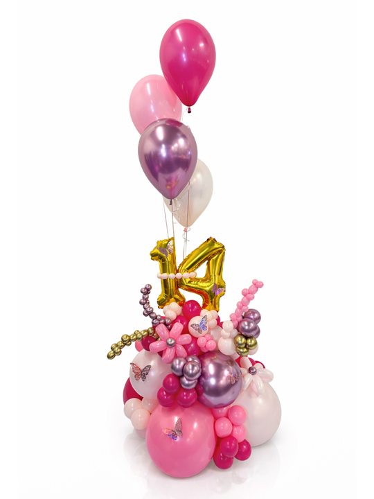 Small number birthday balloon stand with butterfly and balloon flowers