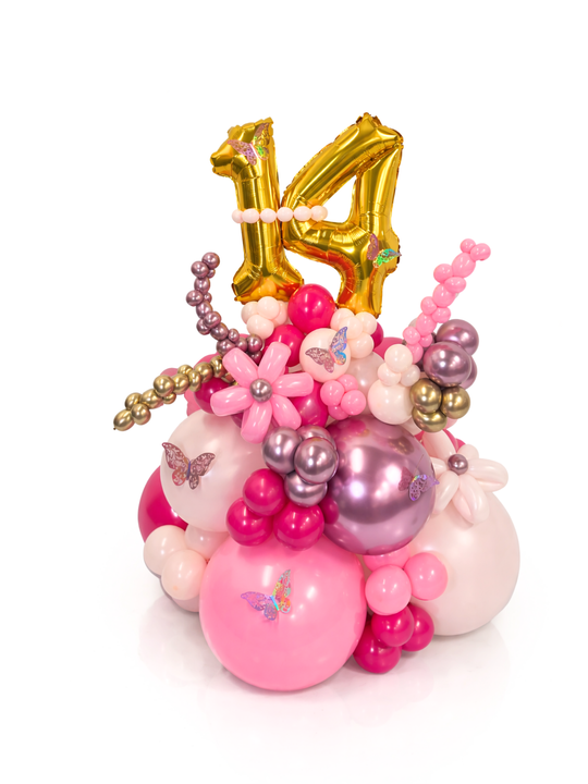 Small number birthday balloon stand with butterfly and balloon flowers