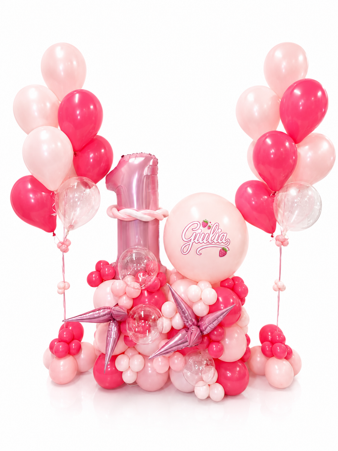 Strawberry Theme Number Balloon Stand with Custom Message 2 Bouquets