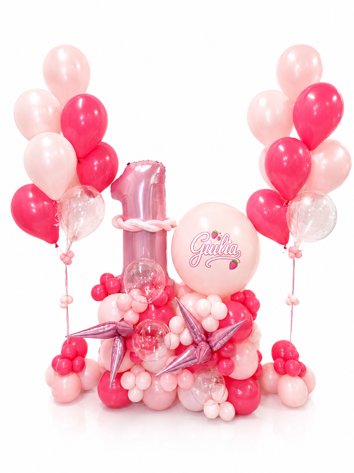 Strawberry Theme Number Balloon Stand with Custom Message 2 Bouquets