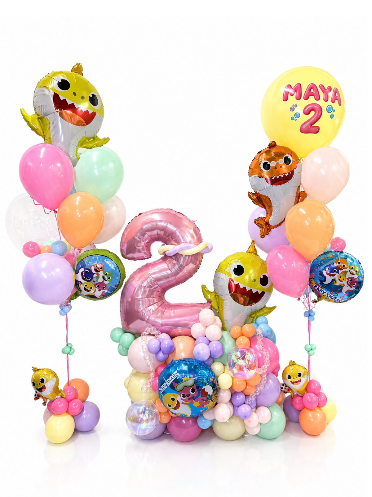Colorful balloon bouquet with 'Baby Shark' characters and a large number '2' on a white background.