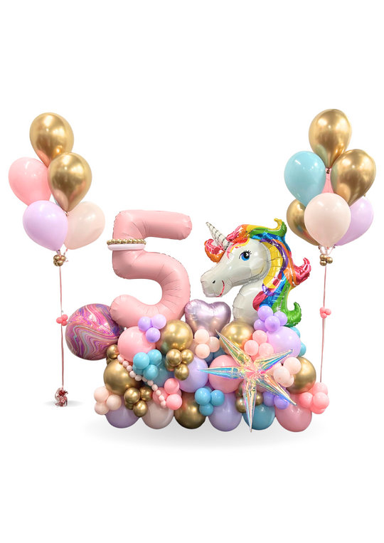 Super Unicorn Number and Orbz balloon cluster stand with 2 Helium bouquets