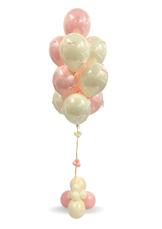 The Bow Balloon Bouquet with double stuffed clear happy birthday balloons (white text)