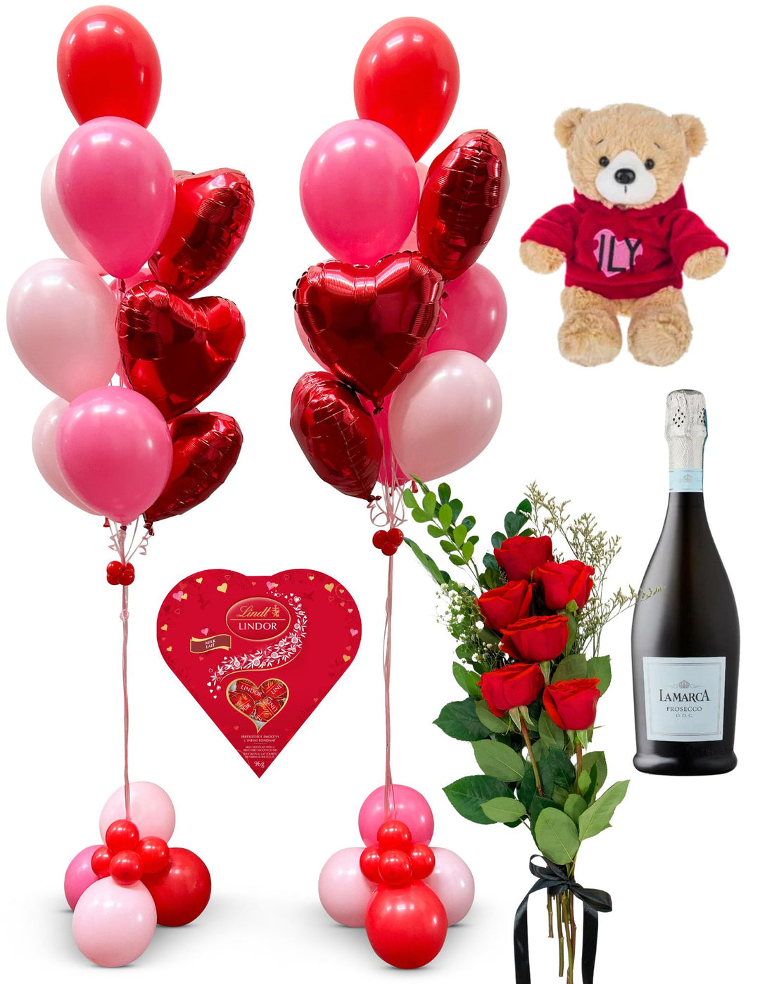 Valentine's Day Package (2 bouquets, 6 roses, prosecco, chocolates and a teddy bear)