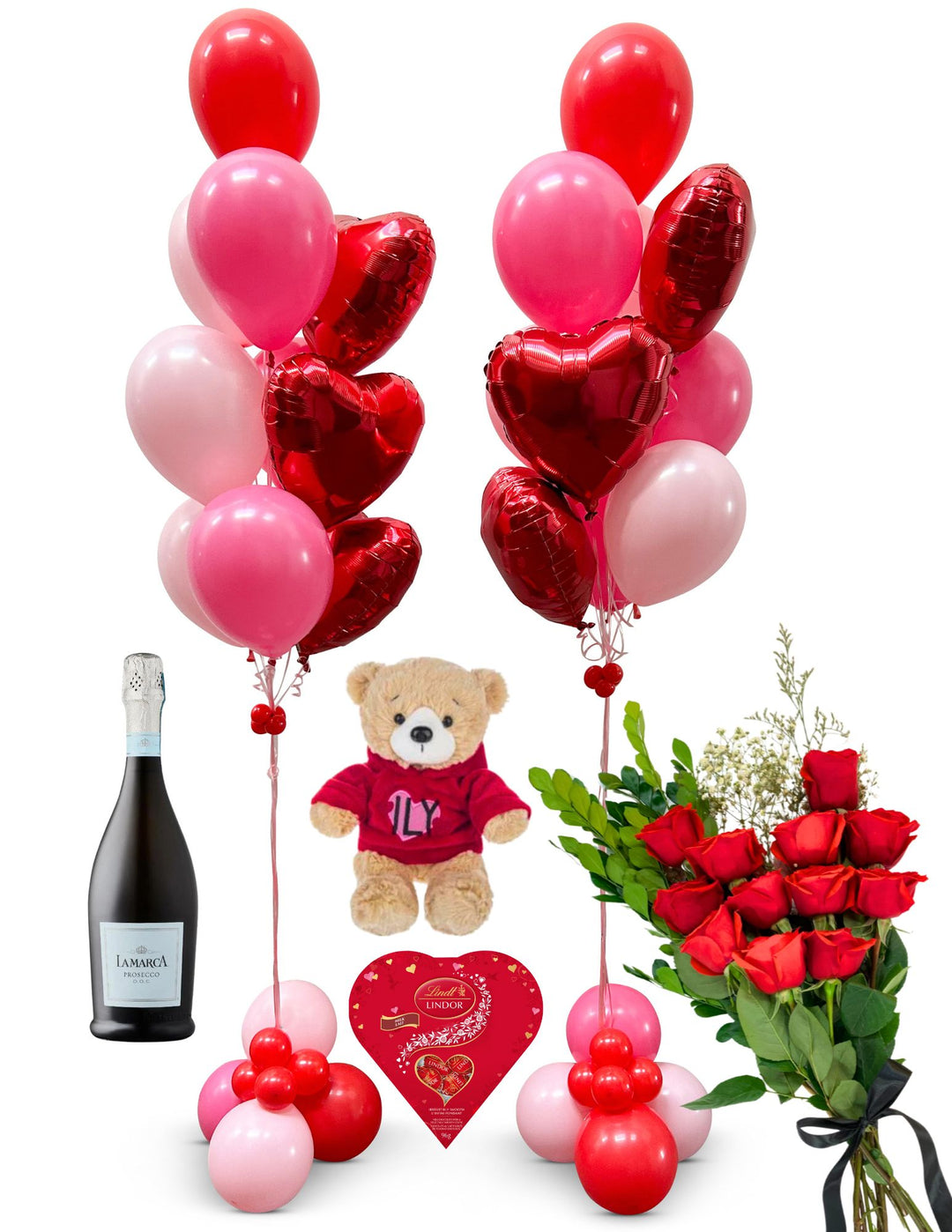(INCLUDES 12 ROSES) Super V-Day Package - 2 Valentine's Day Bouquets, a Teddy Bear, 12 roses, chocolates and LaMarca