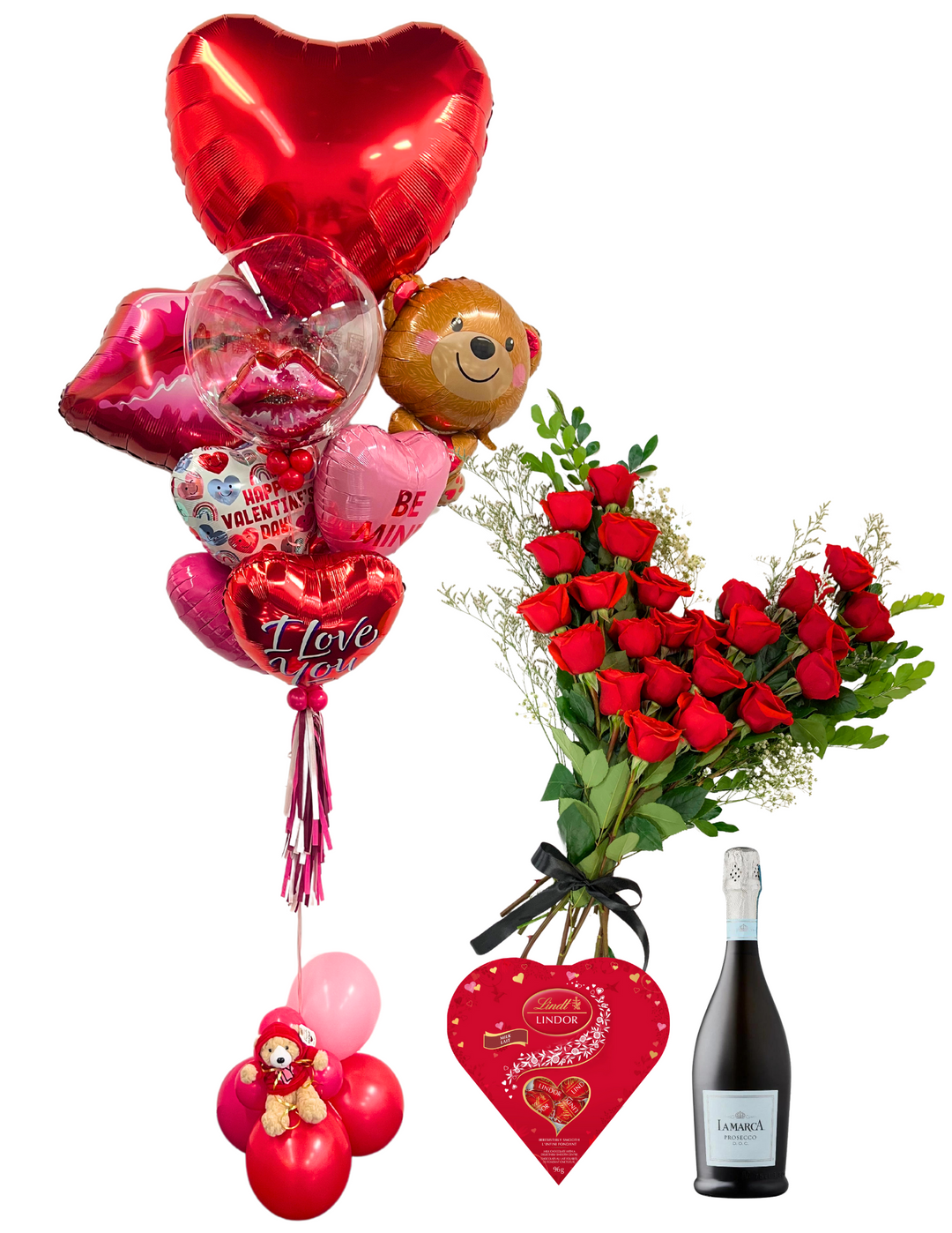 The Ultimate Valentine's Day Package - 1 Jumbo Foil Balloon Bouquet, A Teddy Bear, Chocolates, 24 Red Roses & a Bottle of La Marca