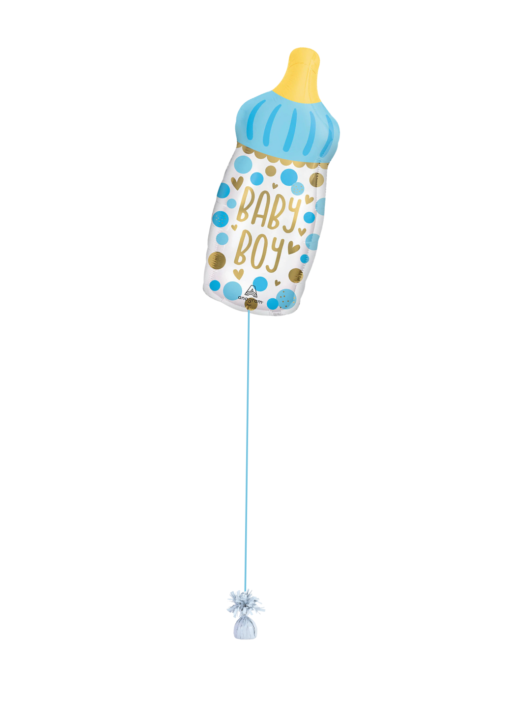 A baby bottle-shaped bouquet with a 'BABY BOY' label, filled with confetti and attached to a string.
