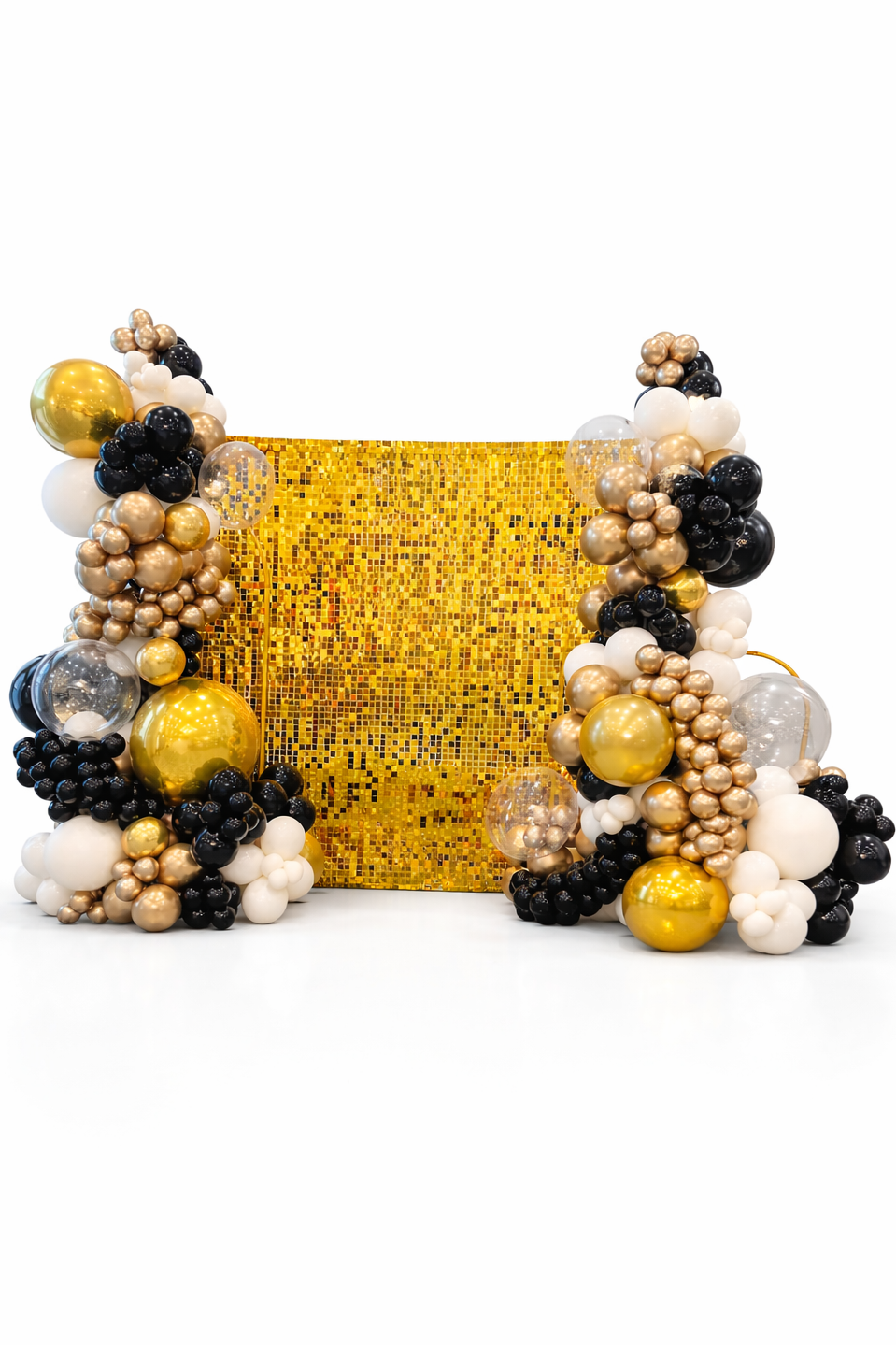 Gold sequin clutch with decorative bead frame on a white background
