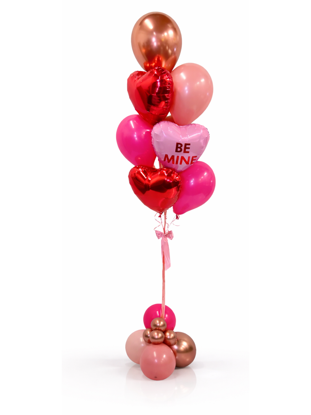 Valentine-themed balloon bouquet with heart-shaped balloons on a white background