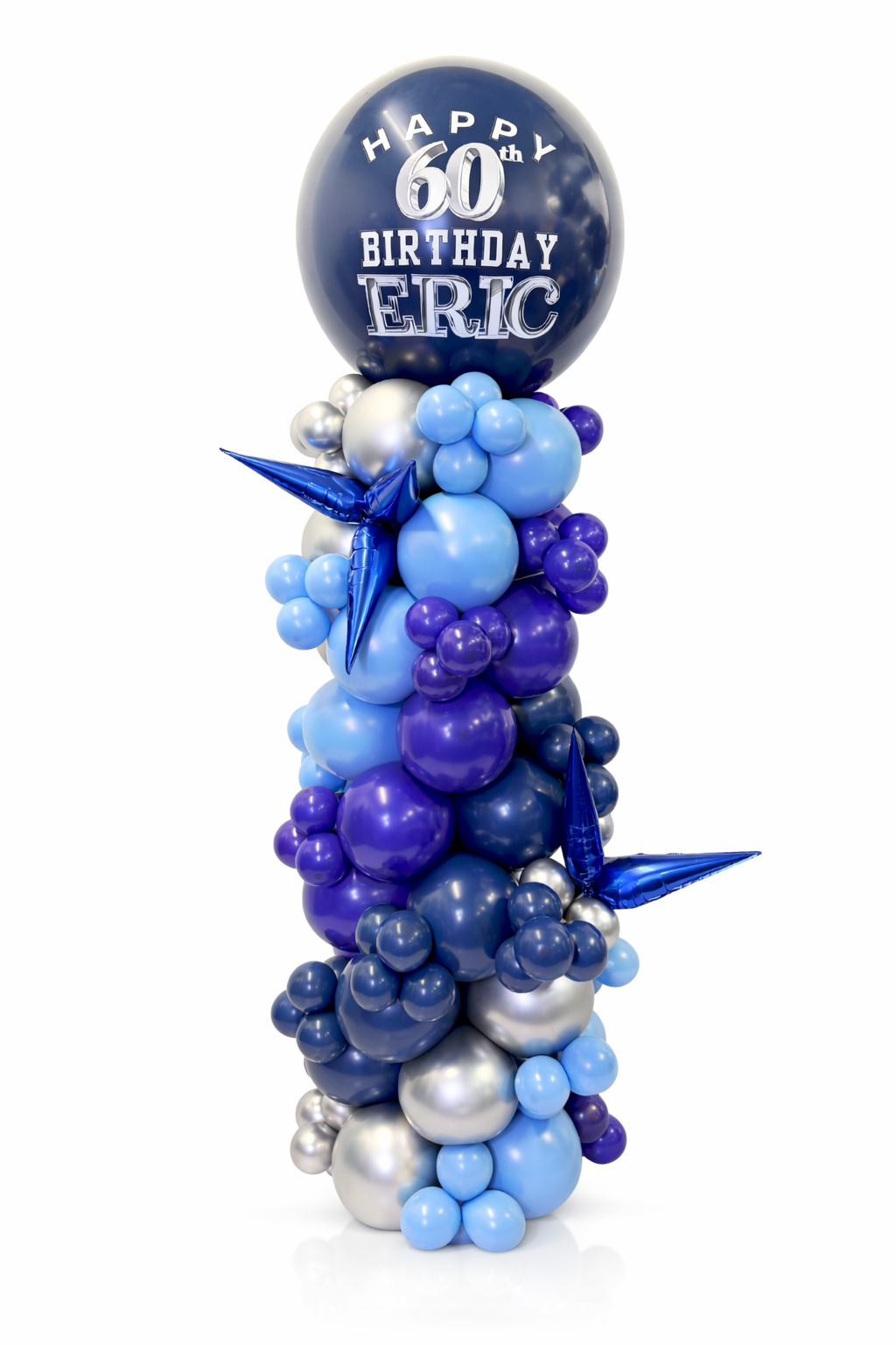Balloon sculpture with blue, purple, and silver balloons and a 'Happy 60th Birthday Eric' balloon on a white background.