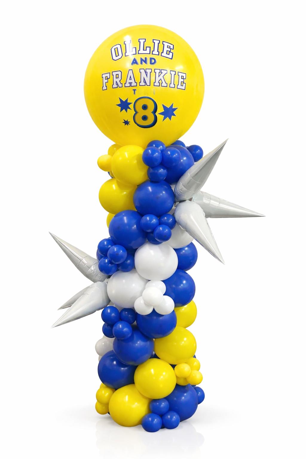 Balloon column with 'Ollie and Frankie 8' on a yellow balloon against a white background