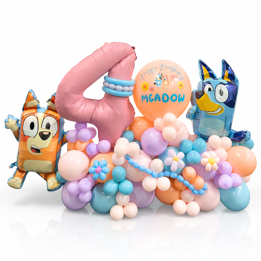 Colorful balloon arrangement with cartoon characters on a white background