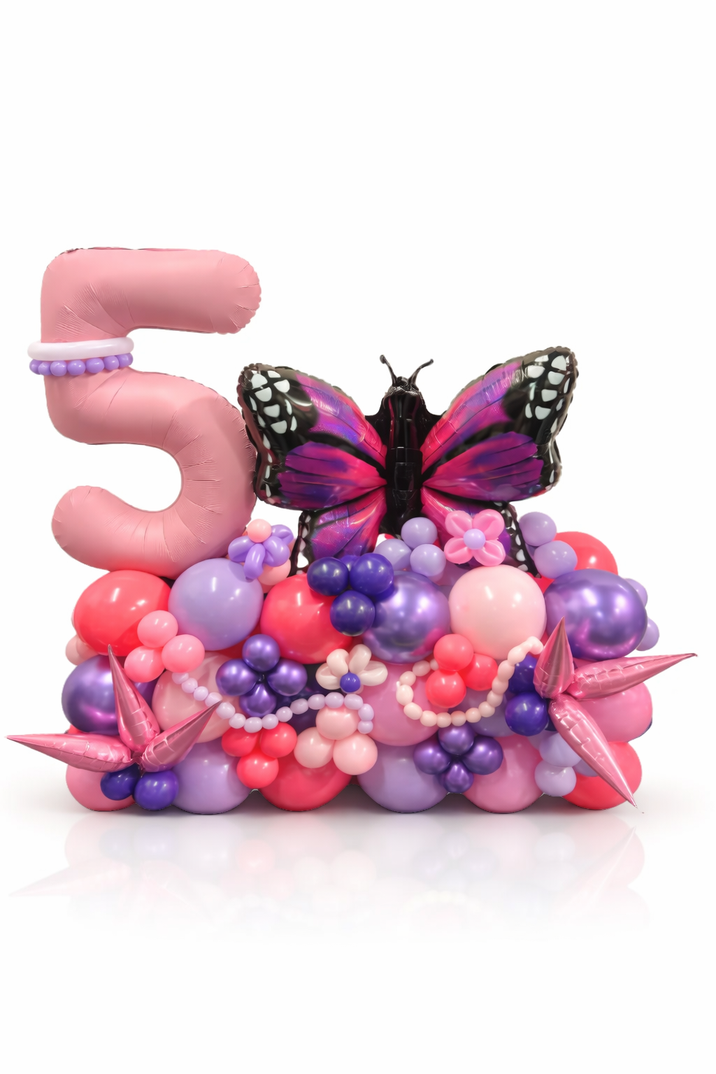 Decorative number '5' with pink and purple balloons and a butterfly on a white background