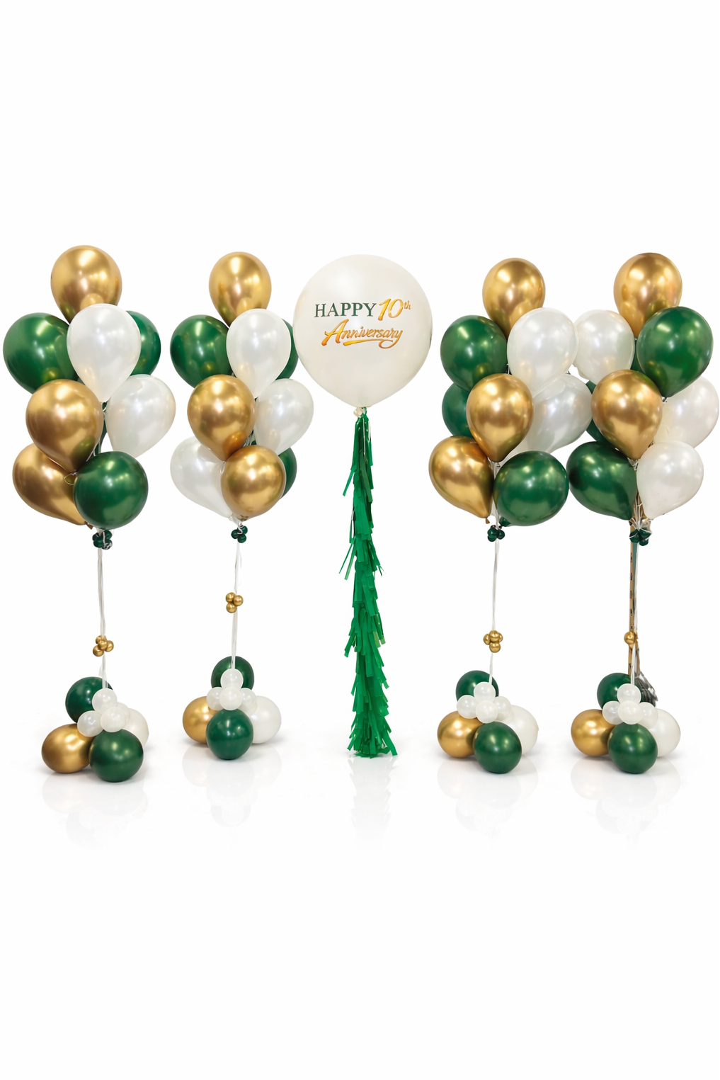 Decorative balloon set with green, gold, and white balloons on a white background