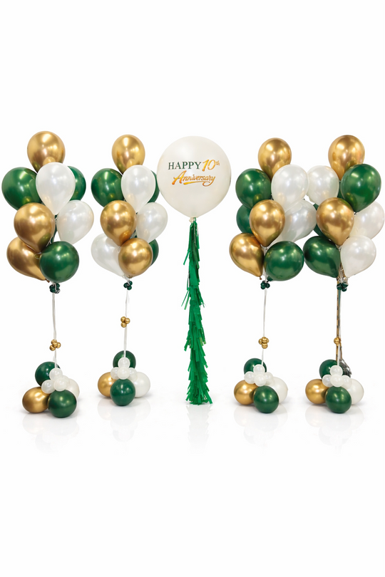 Decorative balloon set with green, gold, and white balloons on a white background