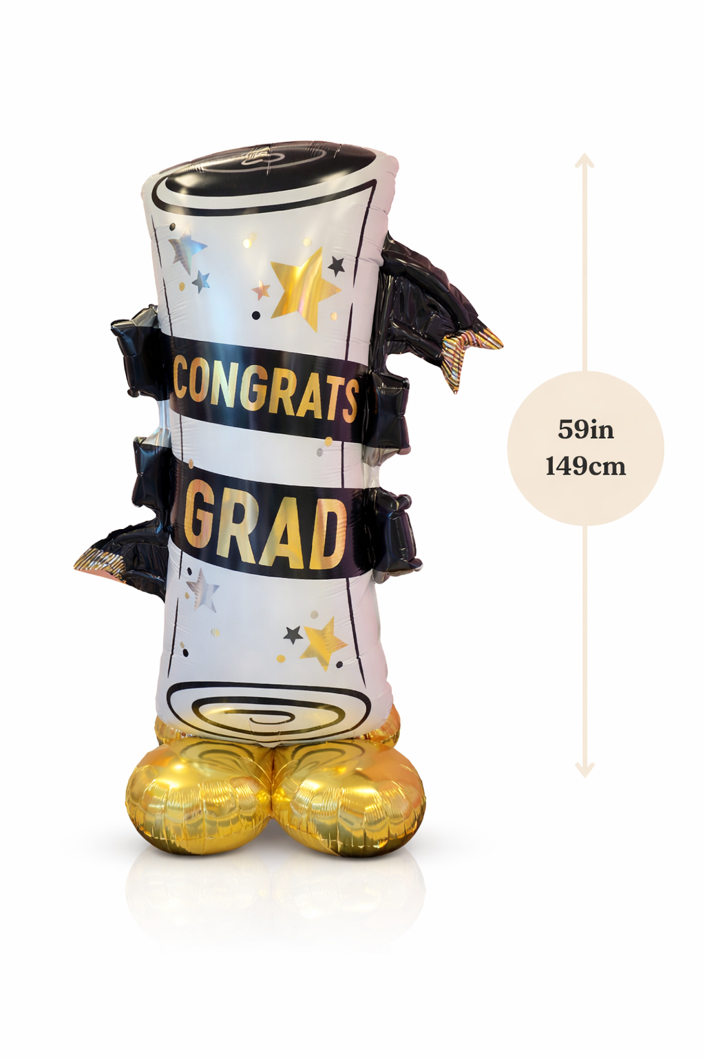 Graduation-themed balloon with 'Congrats Grad' text on a white background