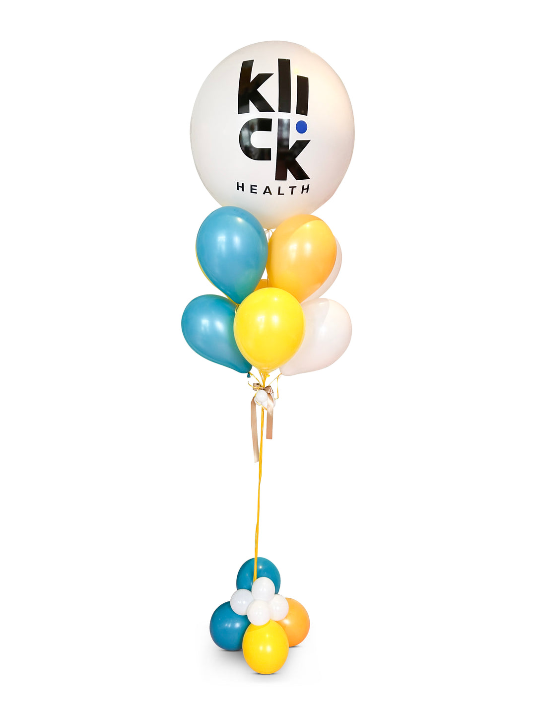 A custom balloon bouquet featuring a large round balloon with a logo, attached to a smaller balloon cluster with yellow, blue, and white colors, including a bubble weight.