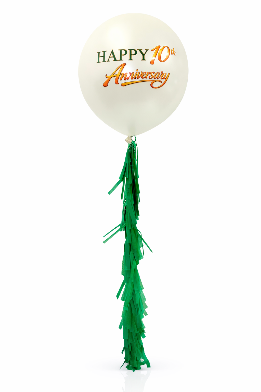 White balloon with 'Happy 10th Anniversary' text and green tassels on a white background