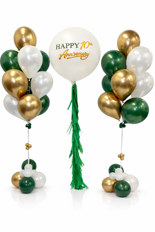 Balloon arrangement with a 'Happy 10th Anniversary' balloon on a white background