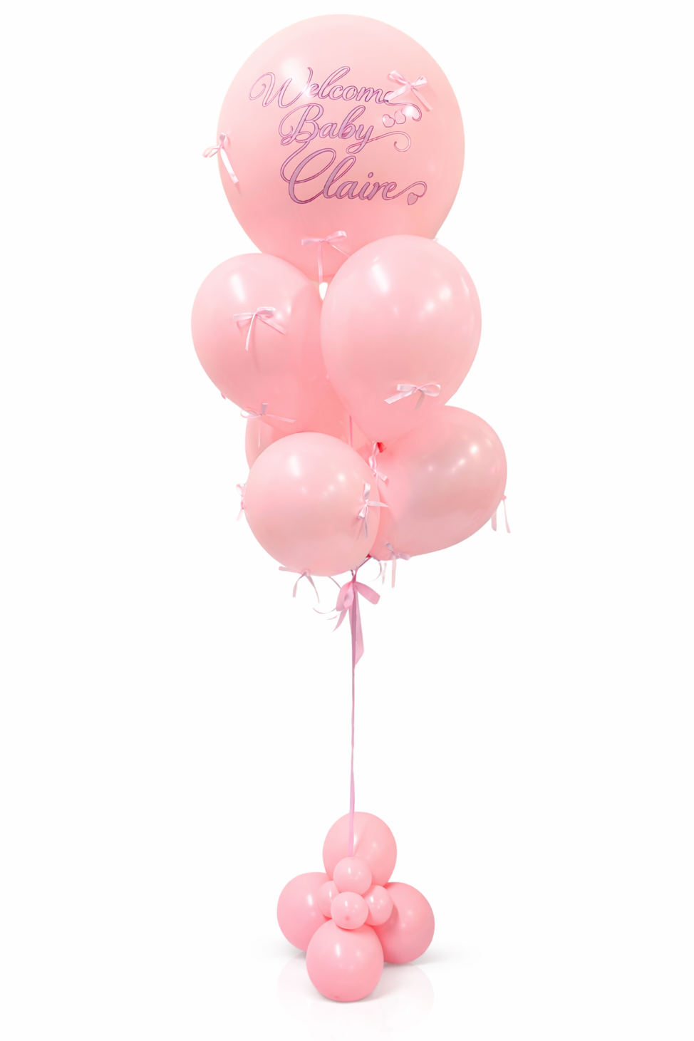 Pink balloons with a personalized message on a white background