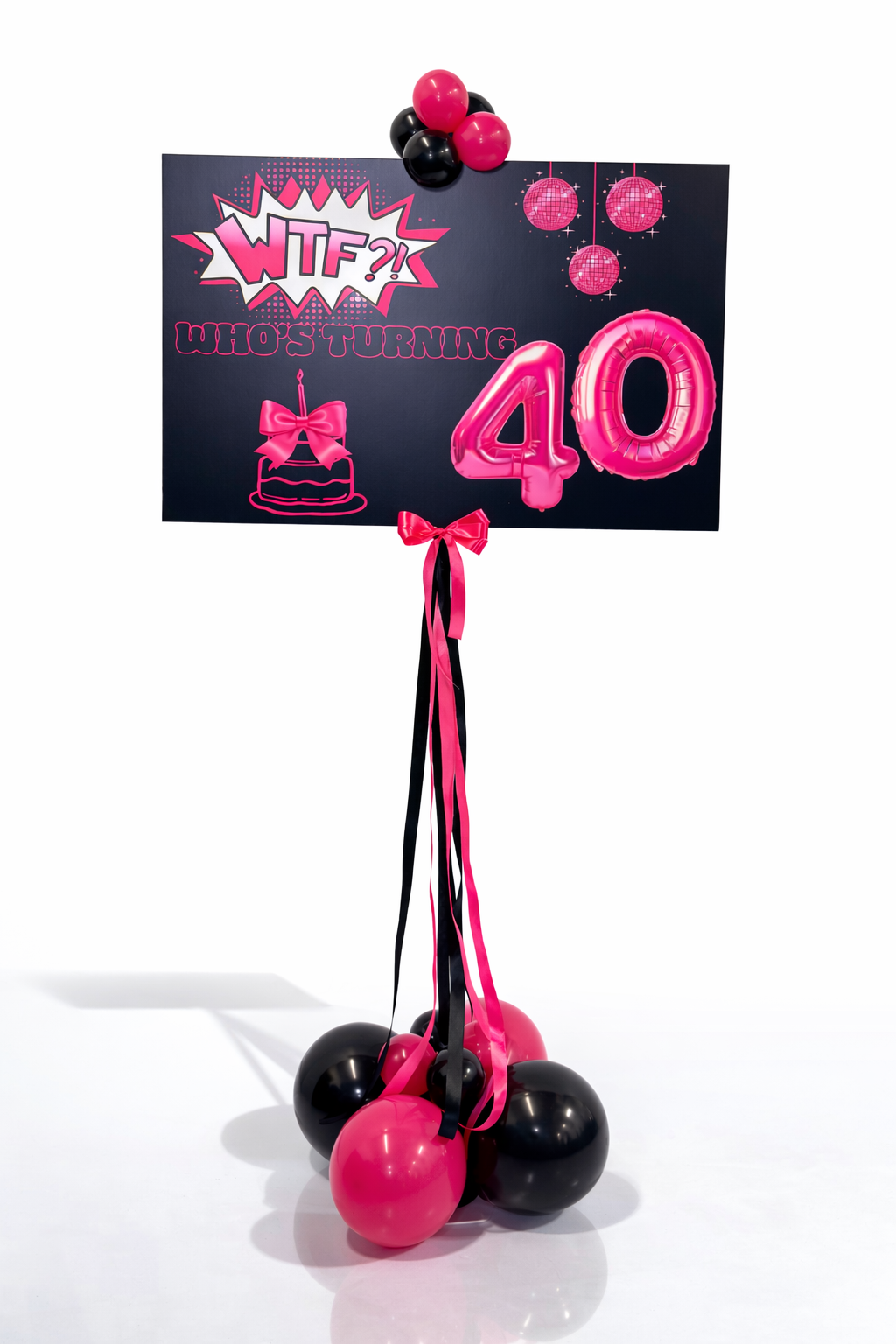 Decorative birthday sign with pink and black balloons on a white background