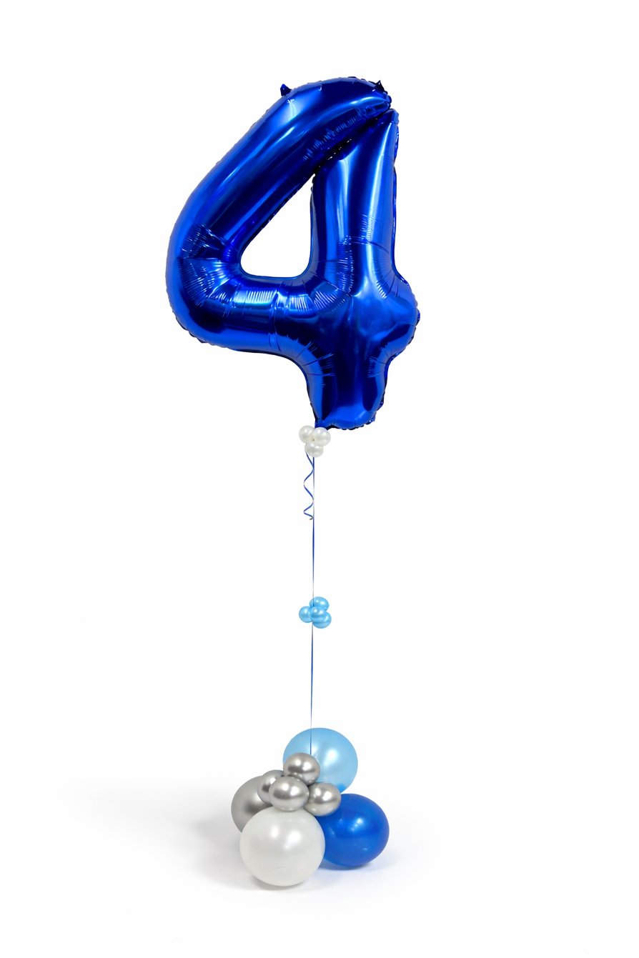 Blue number 4 balloon with smaller balloons on a white background