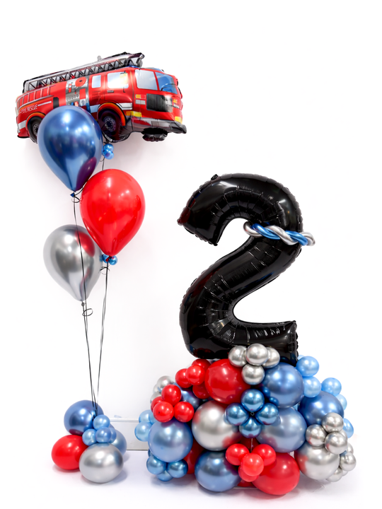 Number stand with fire truck supershape and bubble cluster