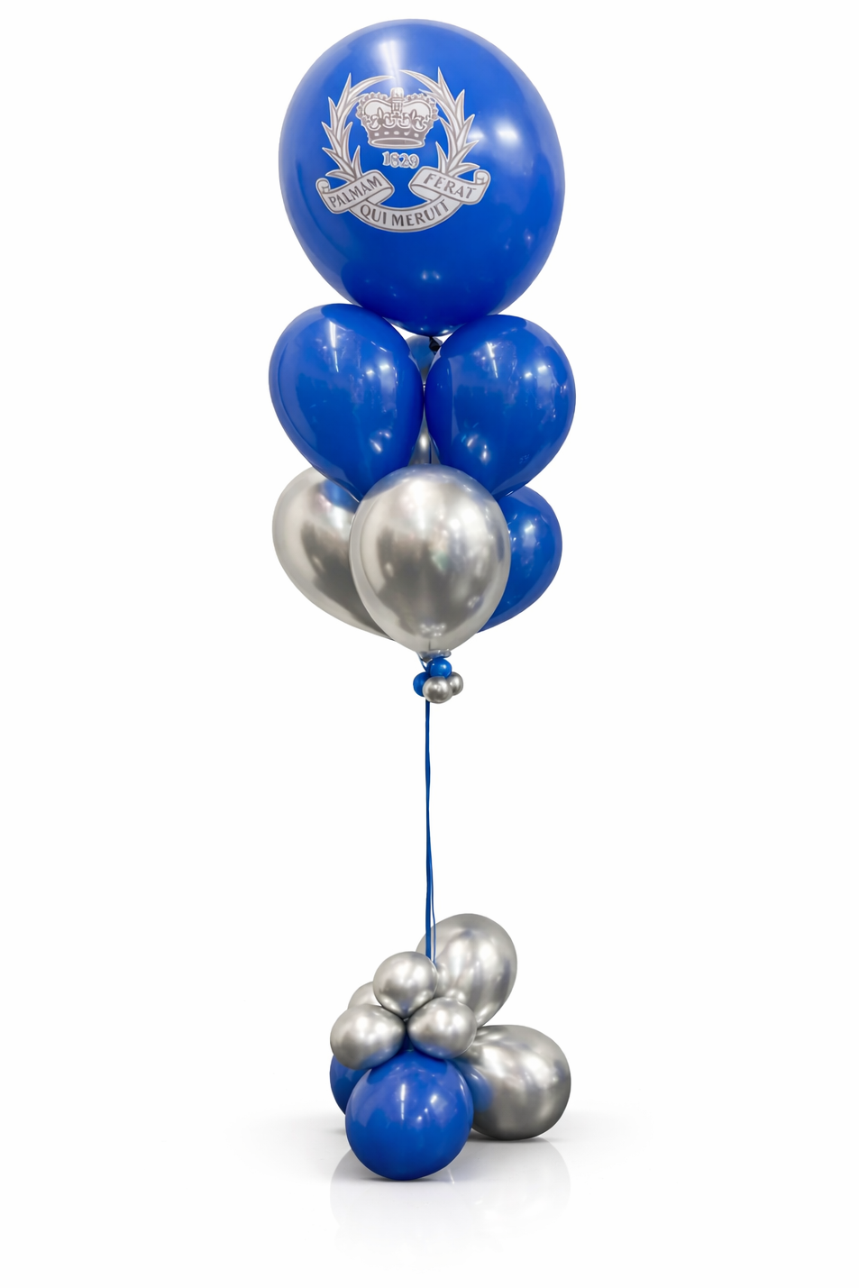 Bouquet of blue and silver balloons with a visible logo on a white background