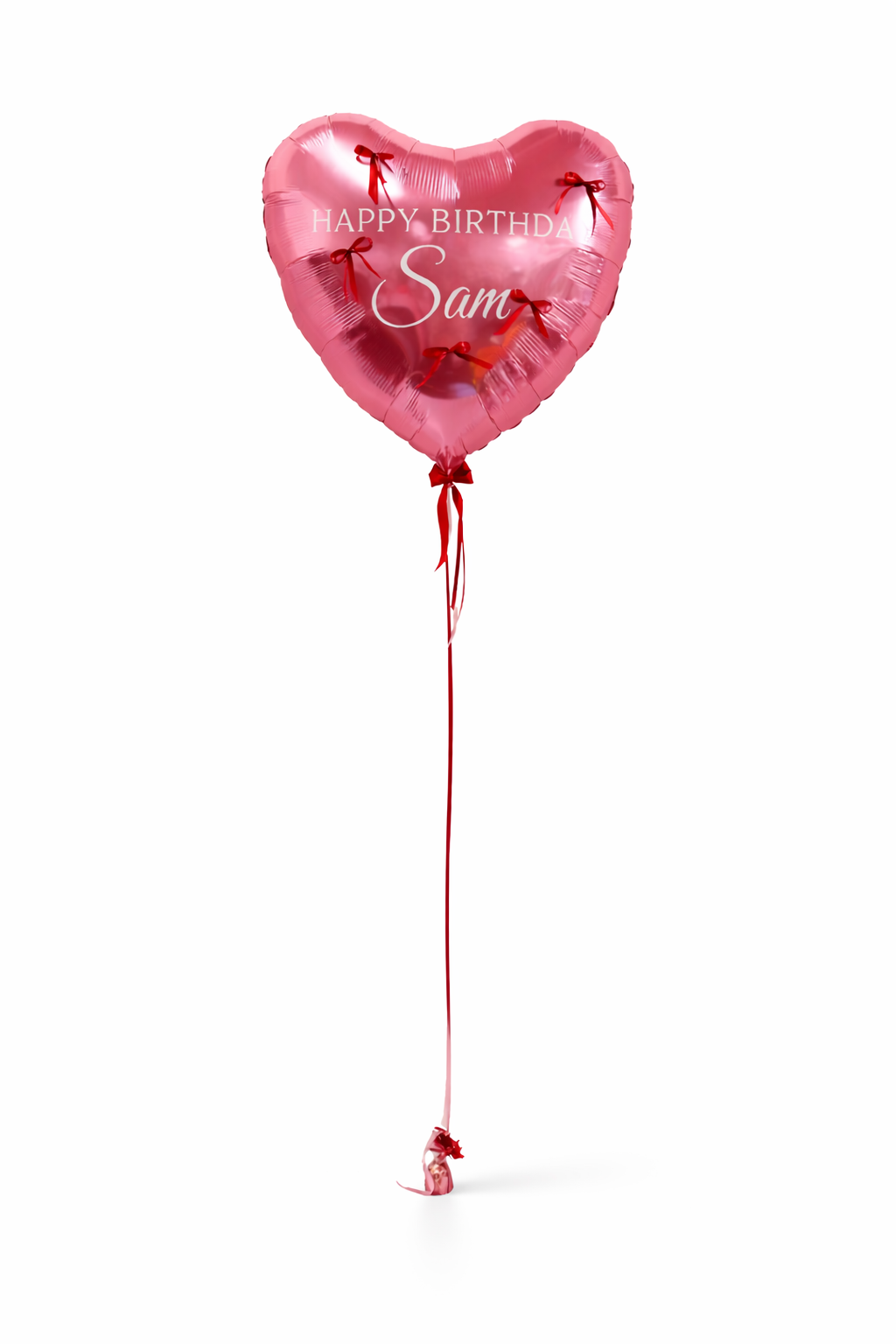 Heart-shaped birthday balloon with 'Happy Birthday Sam' text on a white background