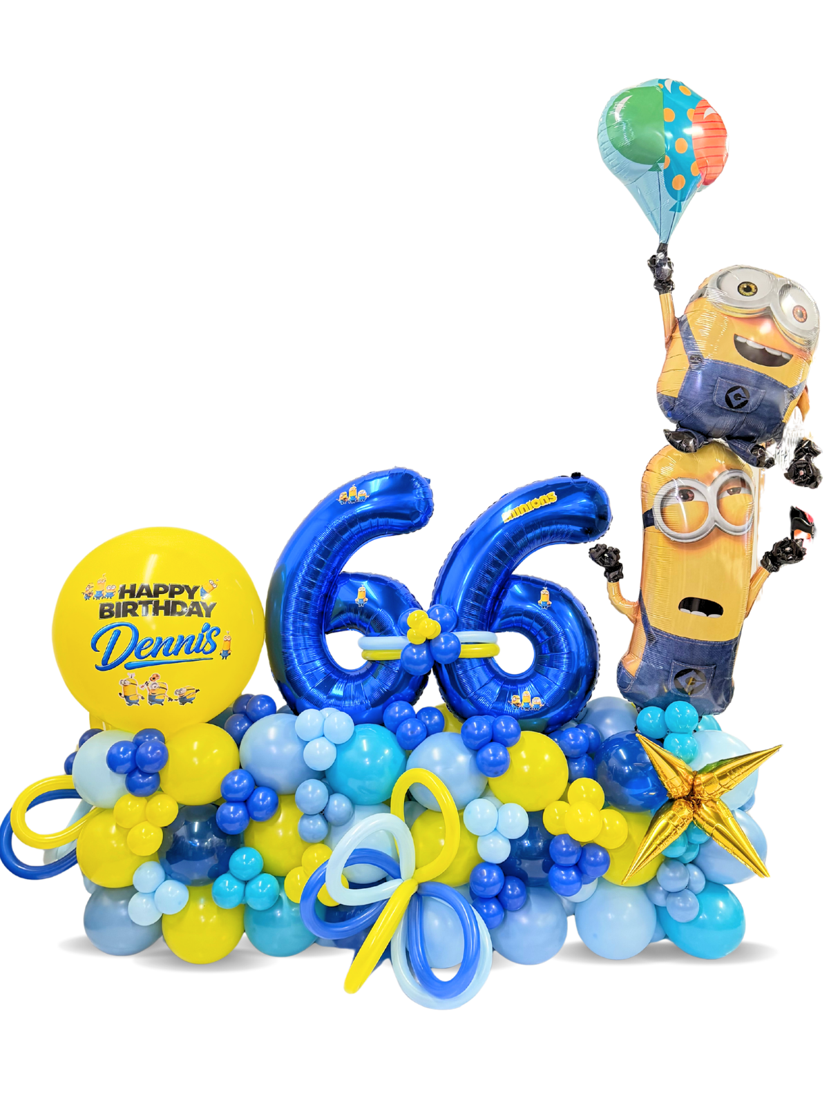 Balloon arrangement with a Minion character and number 66 for a birthday celebration.