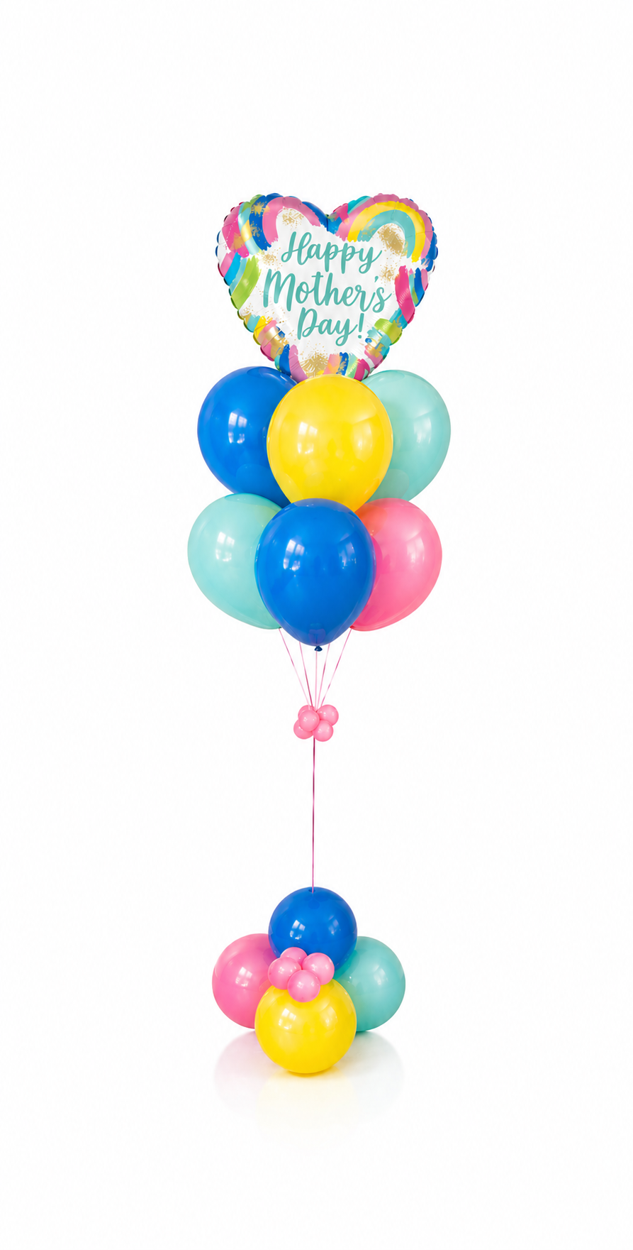 Colorful balloon bouquet with a heart-shaped balloon reading 'Happy Mother's Day!' on a white background