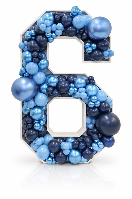 Decorative number '6' made of blue and navy beads on a white background