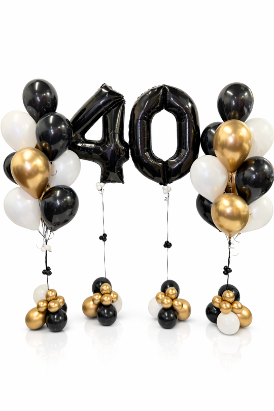 Black, gold, and white balloons with number '40' on a white background