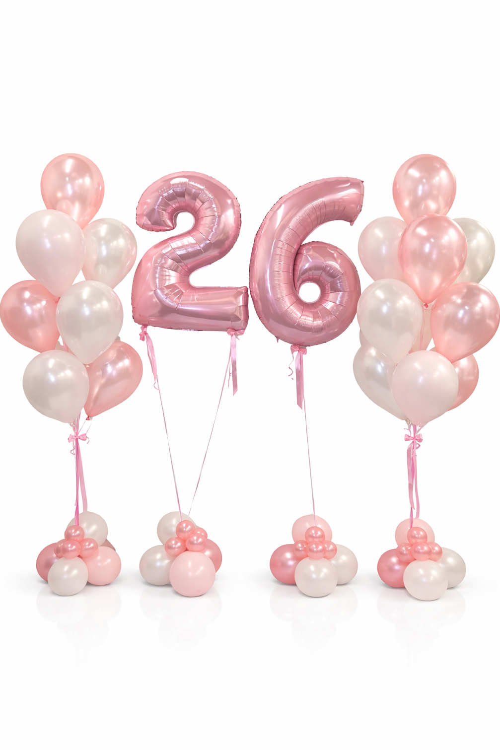 Pink and white balloons with number '26' on a white background