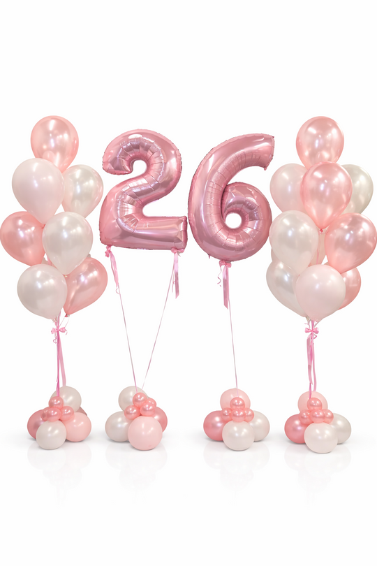 Pink and white balloons with number '26' on a white background