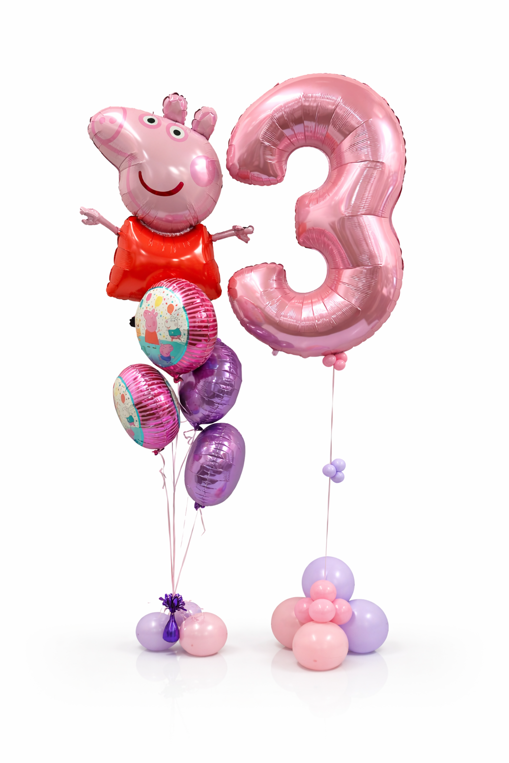 Balloon bouquet with Peppa Pig figure and number 3 balloon on a white background
